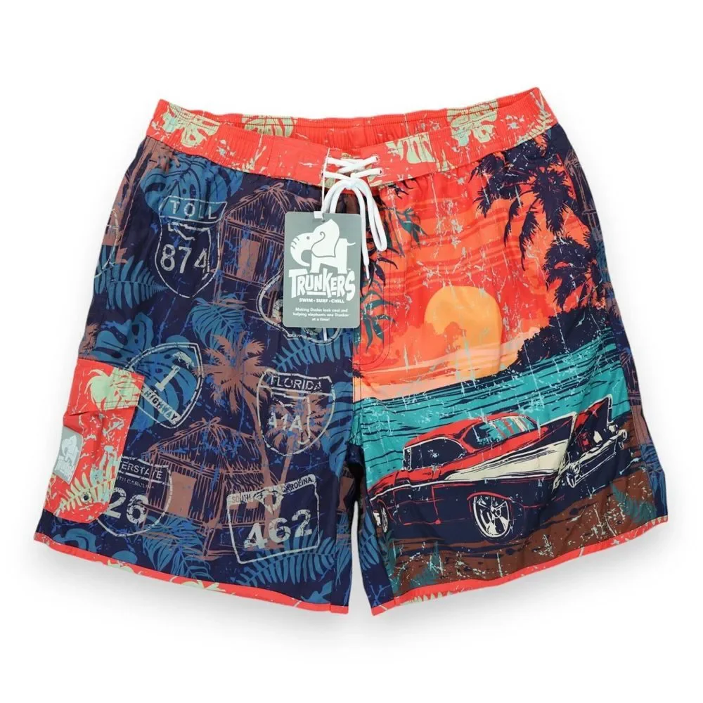 NWT Trunkers Road Trip Men's‎ Swim Trunks 57 Chevy Size XL All Over Print